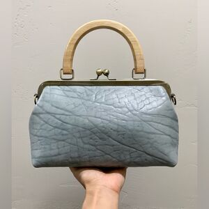 Handmade Genuine Embossed Cowhide, Wood Handle Kiss-lock Satchel Bag